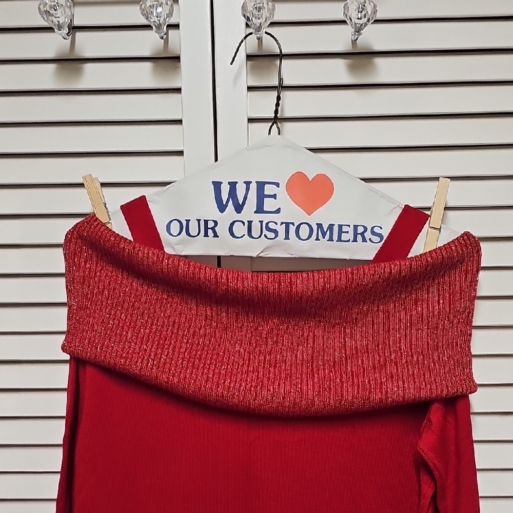 EUC Say What? Bright Red Knit Bodycon Dress Metallic Trim Faux Zipper Cowl Neck - Picture 9 of 10